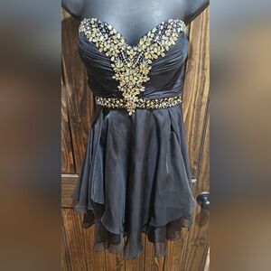 Cinderella Black Strapless Cocktail Dress with Gold Embellishments